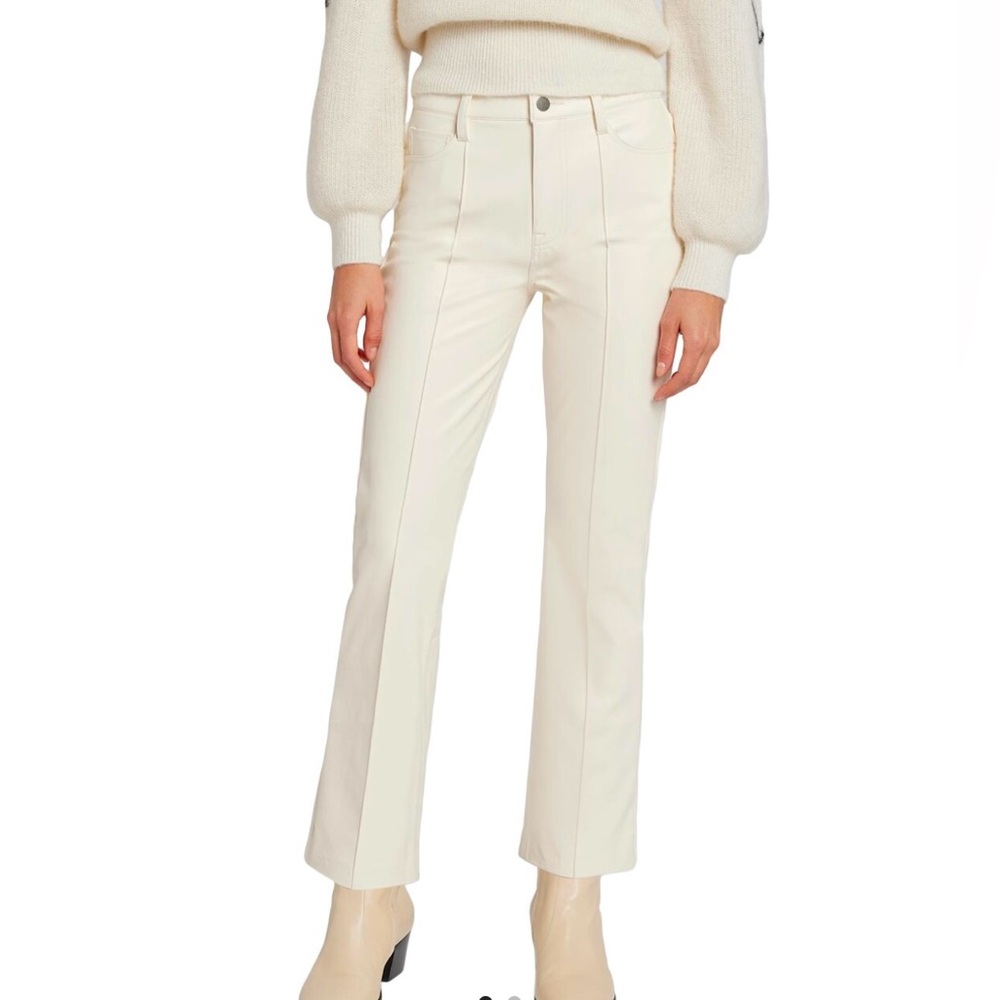7 For all Mankind NWT vegan leather slim fit ankle flare jean in cream. Size 24.